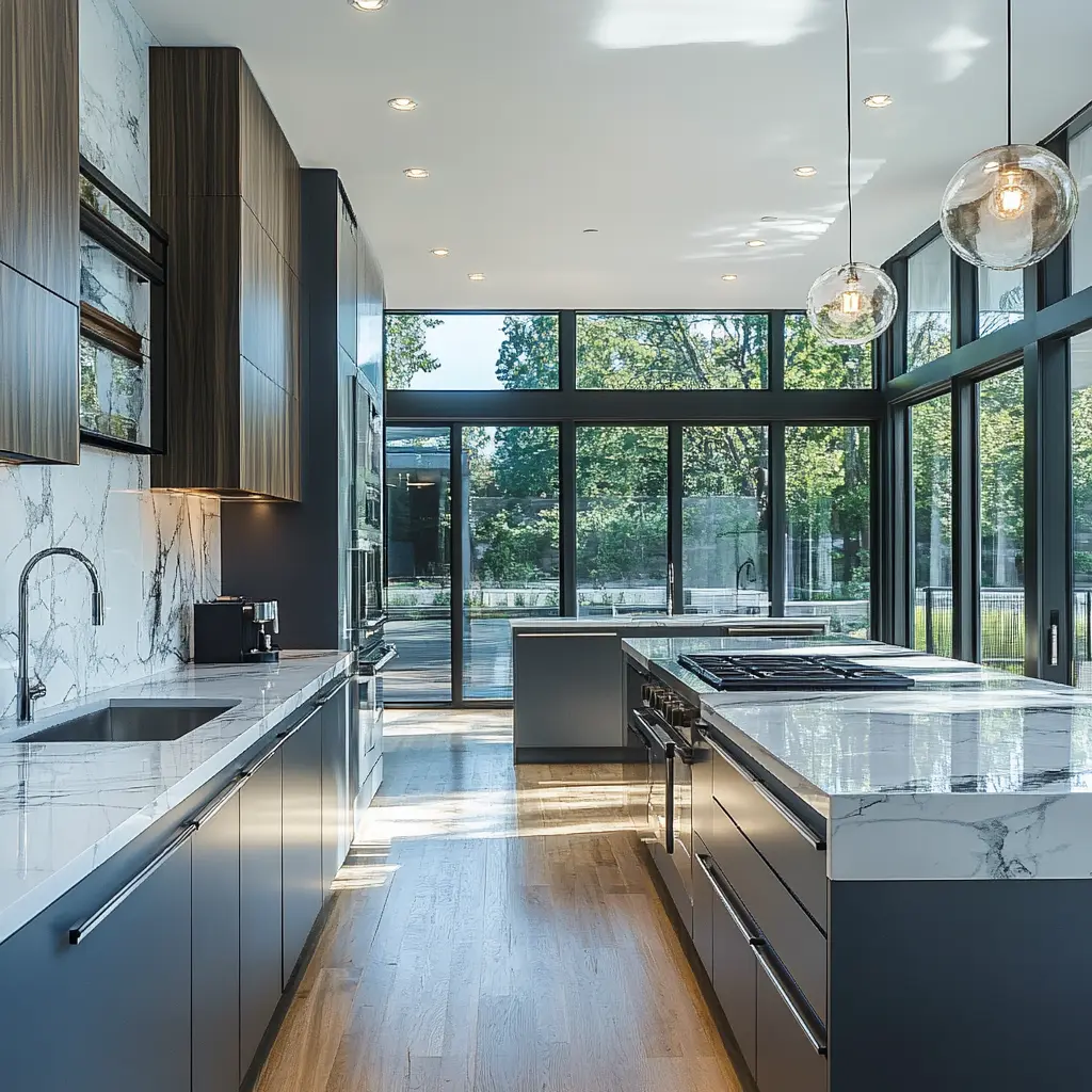 Modern Kitchen Design: Sleek and Stylish with a Central Island Modern kitchen featuring a central island, marble countertops, stainless steel appliances, and natural light.